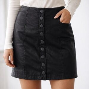 Free People Black Faux Leather Mini Skirt with Snap-Front